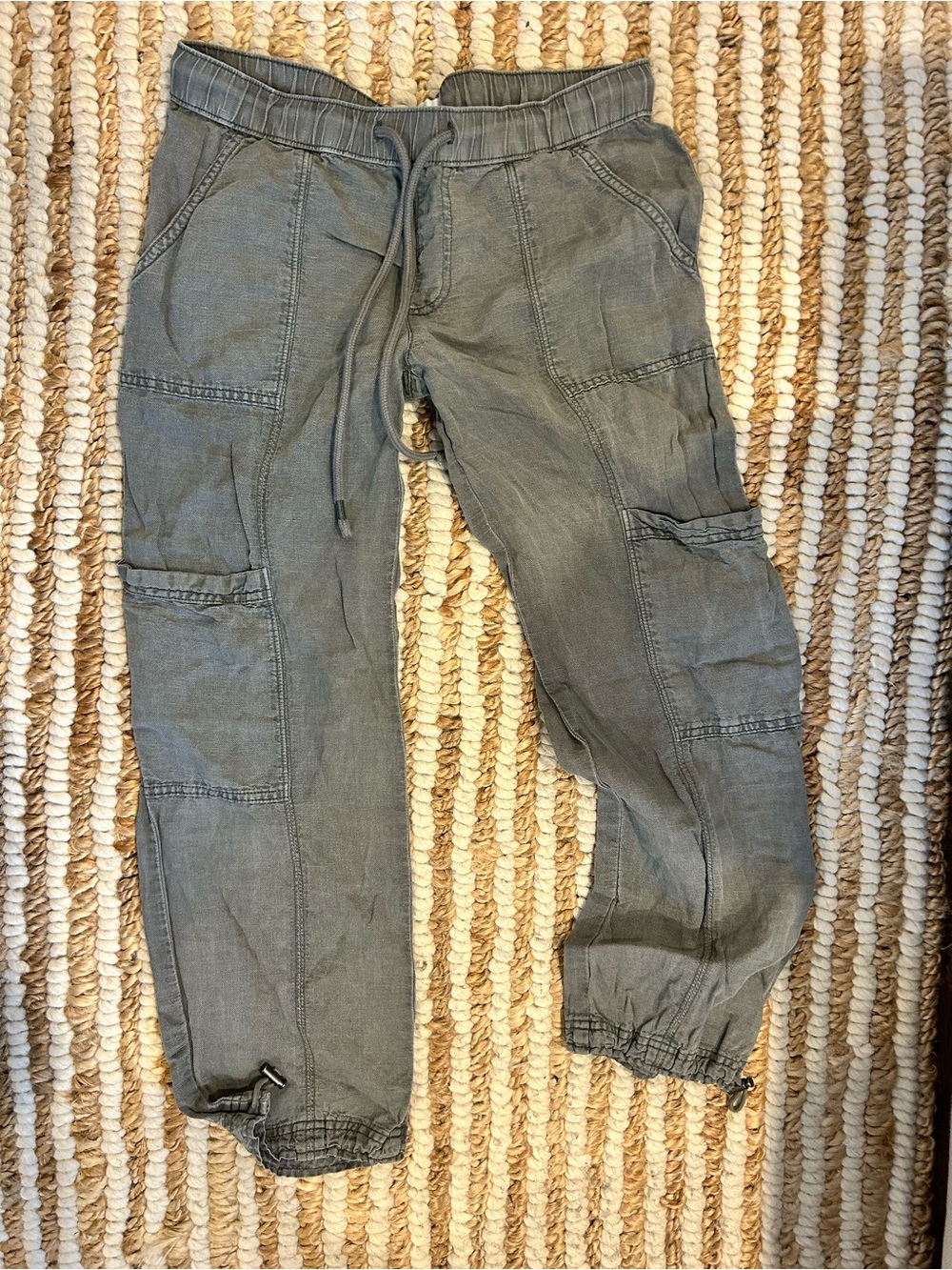 Nicole Miller Casual Cargo Jogger Linen Gray Pants Sz Small Drawstring Waist